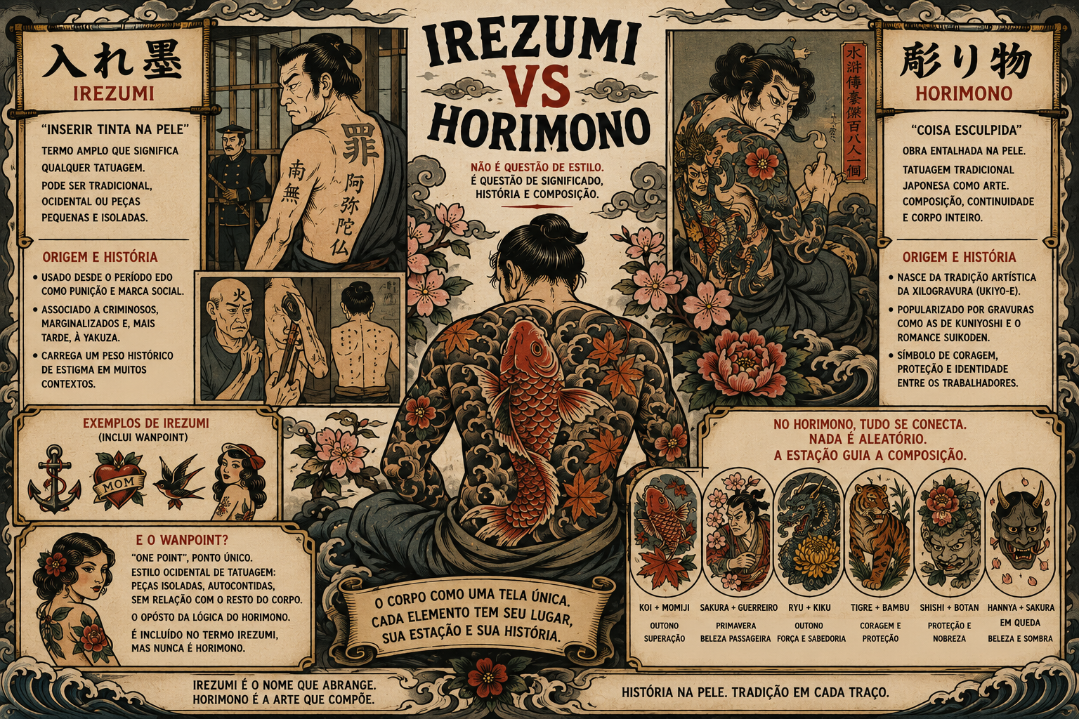 Ilustração em estilo tradicional japonês e old school comparando irezumi e horimono. No centro, um homem tatuado de costas representa o horimono, com uma grande composição de carpa, ondas, flores e folhas de bordo cobrindo o corpo. À esquerda, painéis apresentam o irezumi como termo amplo para tatuagem, incluindo referências históricas às tatuagens punitivas do período Edo e ao wanpoint. À direita, o horimono é apresentado como uma composição tradicional japonesa inspirada na xilogravura ukiyo-e, com elementos como dragão, tigre, shishi, hannya, sakura, crisântemo, peônia e bambu. A imagem destaca a ideia de que **irezumi é o termo abrangente, enquanto horimono representa uma composição corporal tradicional, contínua e integrada**.
