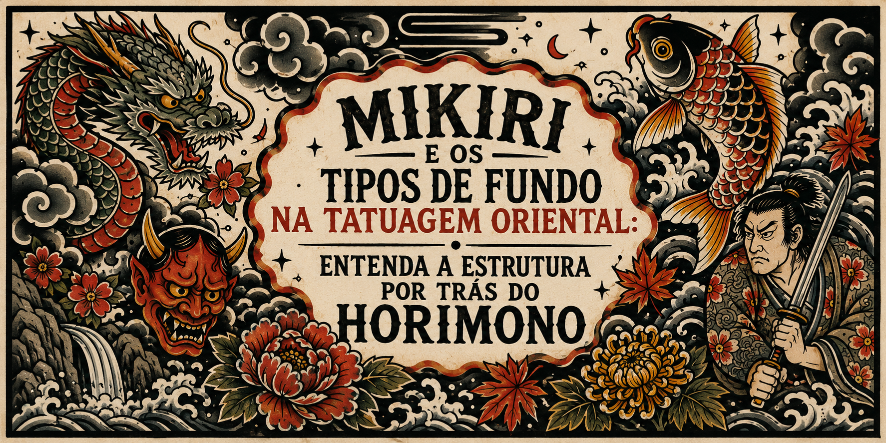 Ilustração em estilo tatuagem tradicional japonesa com dragão, carpa koi, samurai, máscara oni, ondas, nuvens e flores, representando o mikiri e os tipos de fundo do horimono