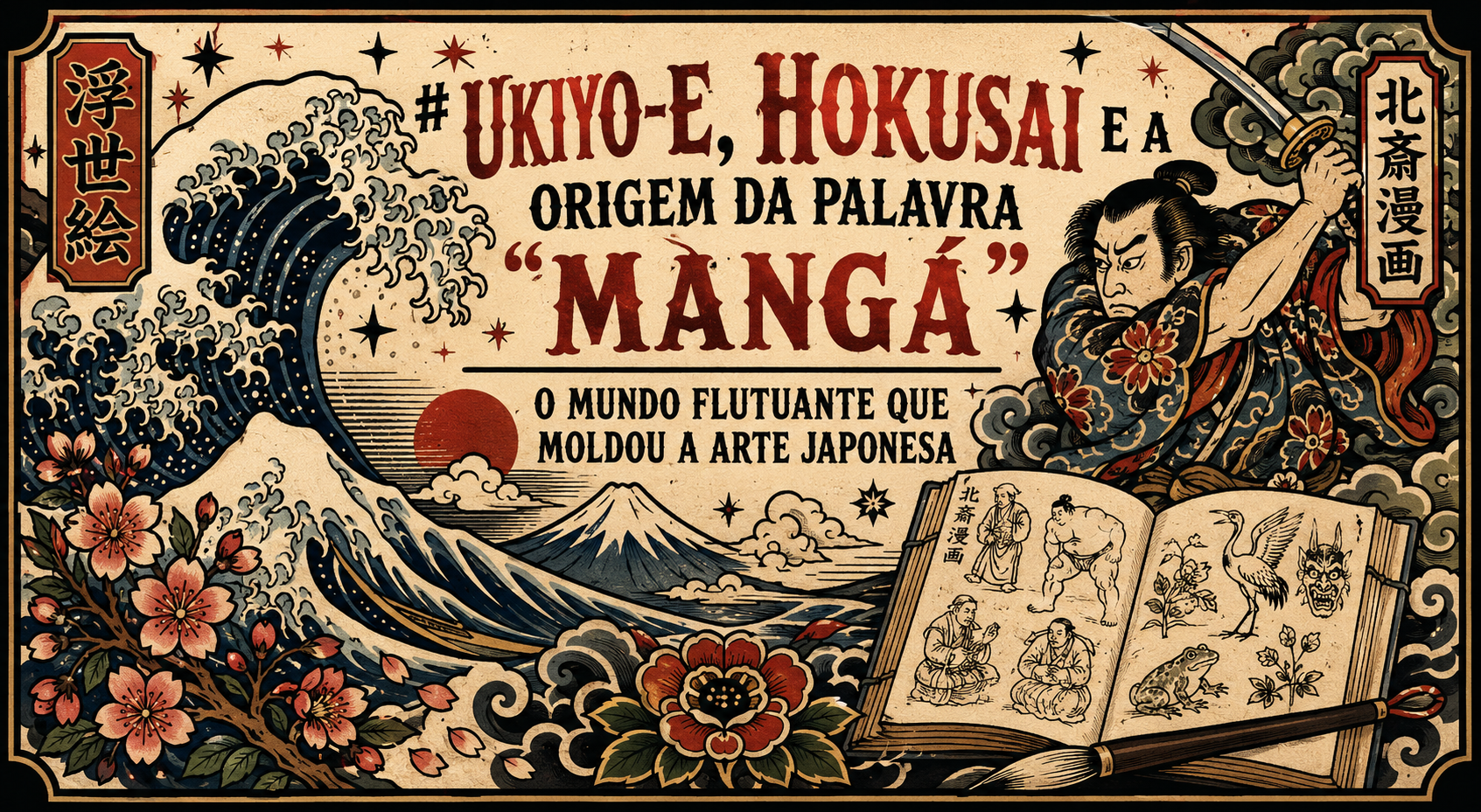 Capa ilustrada em estilo ukiyo-e para o post 'Ukiyo-e, Hokusai e a origem da palavra Mangá': a Grande Onda de Kanagawa ao fundo com o Monte Fuji, ramos de sakura em flor, um samurai erguendo uma espada à direita, e um livro de esboços aberto mostrando desenhos no estilo do Hokusai Manga, com pincel e caracteres japoneses decorativos nas bordas.