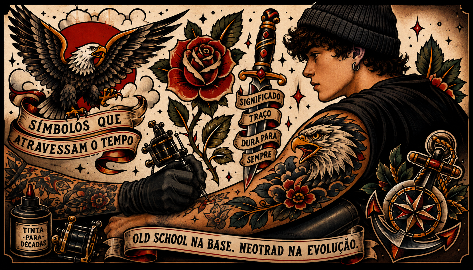 Ilustração horizontal em estilo tattoo tradicional neotradicional mostrando um tatuador trabalhando em uma peça no braço de um cliente, cercado por símbolos clássicos como águia, rosa, adaga, bússola e âncora. A composição destaca o encontro entre o old school tradicional e o neotradicional, com linhas marcadas, cores fortes e estética vintage de tatuagem.