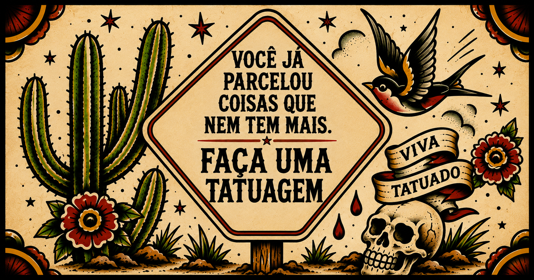 Ilustração em estilo tatuagem tradicional americana old school sobre layaway tattoo, com cactos, andorinha, caveira, flores e faixa Viva Tatuado ao redor de uma placa com a frase ‘Você já parcelou coisas que nem tem mais. Faça uma tatuagem’.
